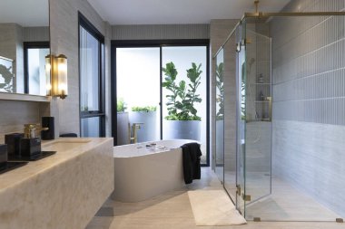 Duşu olan modern bir banyo.