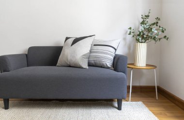 Rahat kanepe ve yastıklar oturma odasının içindeki gri masada.