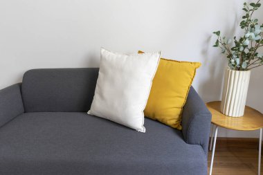 Modern oturma odasındaki yastıklı kanepe..