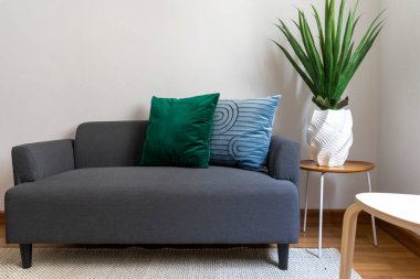 Kanepe ve yastıklı modern iç tasarım.