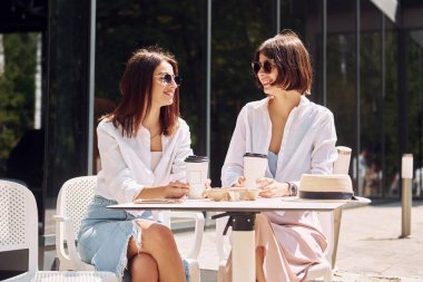 Güneşli bir günde. İki bayan arkadaş dışarıda harika bir hafta sonu geçiriyorlar..