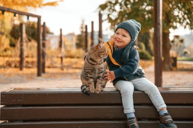 Genç çocuk dışarıda sevimli kedisiyle bankta oturuyor..