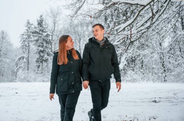 Çift kış ormanında yürüyüş yapıyor..