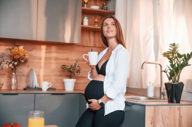 Mutfakta elinde bir bardak içkiyle dikiliyorsun. Güzel hamile kadın evde..