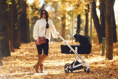 Siyah bebek arabalı anne gündüz vakti ormanda yürüyüş yapıyor..