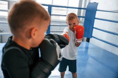 Ringde dövüşmek. Erkekler spor salonunda boks antrenmanı yapıyor..