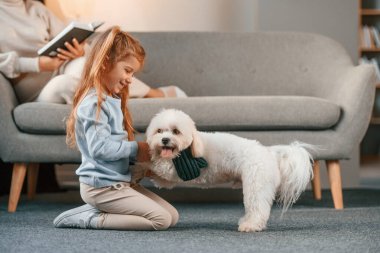 Kadın elinde kitapla kanepede yatıyor. Anne ve kızı evde Malta köpeğiyle birlikte..