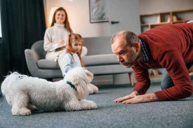 Adam malta köpeğiyle oynuyor. Anne ve kızı izliyor..