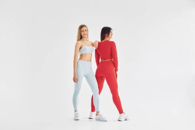 Kırmızı ve beyaz renkli giyim. Spor elbiseli güzel kadınlar stüdyoda..