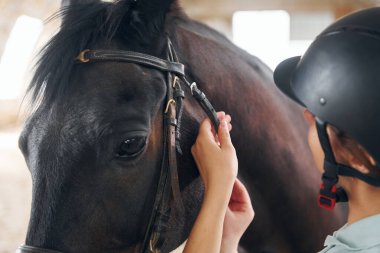 Ekipmanları hazırlıyorum. Jokey kıyafetli genç bir kadın ahırda bir atla birlikte..
