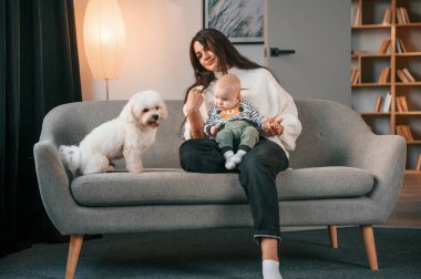 Yürüyen çocuğu ve sevimli beyaz köpeği olan kadın evde..
