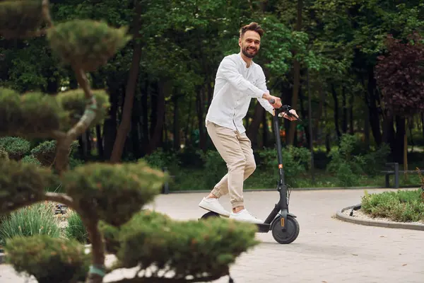 Güzel ağaçlar ve doğa. Şık bir adam mobiletiyle gündüz vakti dışarı çıkar..