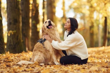 Hayvanı kucaklamak. Gündüz vakti bir kadın köpeğiyle birlikte güz ormanında yürüyüşe çıkıyor..