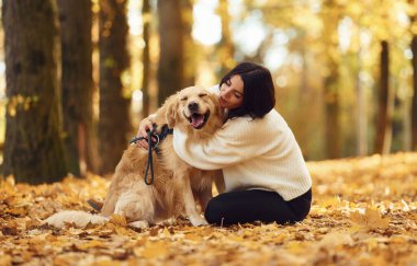 Hayvanı kucaklamak. Gündüz vakti bir kadın köpeğiyle birlikte güz ormanında yürüyüşe çıkıyor..