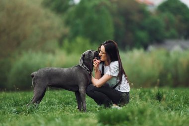 Evcil hayvanı kucaklamak. Genç esmer kız köpeğiyle dışarıda yürüyüş yapıyor..
