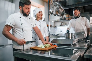 Takım salata yapıyor. Profesyonel aşçı mutfakta yemek hazırlıyor..