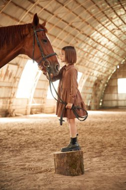 Bir kütüğün üzerinde duruyor. Şirin küçük kız atın içinde..