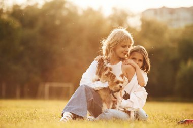 Anneyi kucaklamak. Güzel anne ve küçük kızı ve köpekleri yaz tarlasında beraberler..