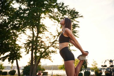 Egzersizler, ağaç ve gökyüzüne karşı. Spor elbiseli güzel bir kadın güneşli bir günde parkta..