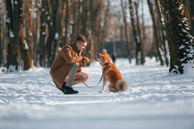Bir adam kışın parkın içinde köpeğiyle yürüyüşe çıkıyor..