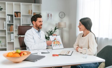 Sağlıklı beslenme kavramı. Bir kadınla. Resmi kıyafetli doktor dolapta çalışıyor..