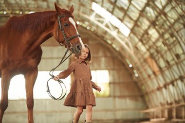Birlikte yürüyoruz. Şirin küçük kız atın içinde..