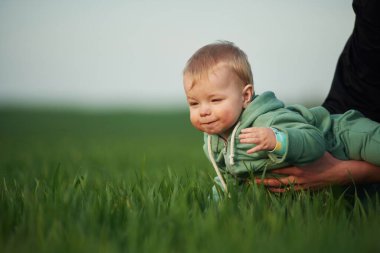 Çimlerin üzerinde çocuğun elini tutmak. Anne ve küçük oğlu dışarıda tarım tarlasında..