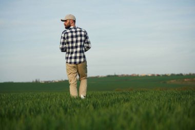 Gökyüzü açık. Yakışıklı genç adam tarım alanında..