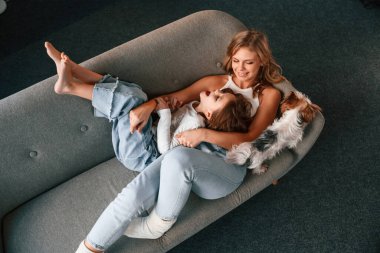 Üst Manzara. Anne kızıyla ve sevimli köpeğiyle evcil odada..