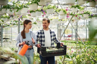Yürürken, birbirimize bakarken, su makinesini tutarken. Çiçekçi adam ve kadın serada birlikteler..