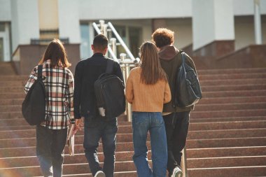 Arkadan bakmak, birlikte yürümek. Gündelik giysiler içinde dört genç dışarıda..