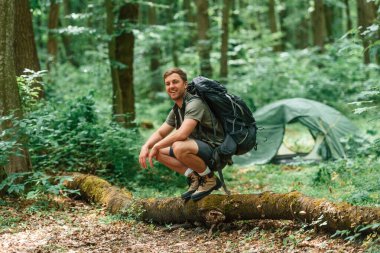 Devrilmiş ağaçta oturuyor. Yaz ormanında bir turist. Keşif ve eğlence kavramı.