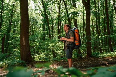 Yolu bulmaya çalışıyorum. Dürbünü tutuyorum. Yaz ormanında bir turist. Keşif ve eğlence kavramı.