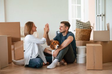 Başarı kavramı. Yerde oturuyordum. Köpekli genç çift yeni evine taşınıyor..