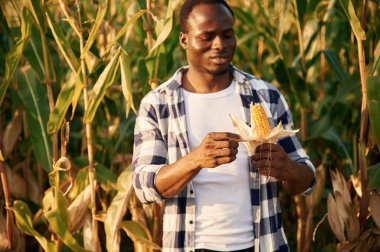 Elimde taze mısır var. Genç siyah adam gündüz ayakta duruyor..