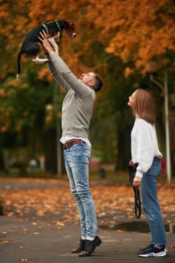 İnsan, hayvanı yüksek ellerde tutuyor. Hoş bir çift, sevimli köpekleri dışarıda..