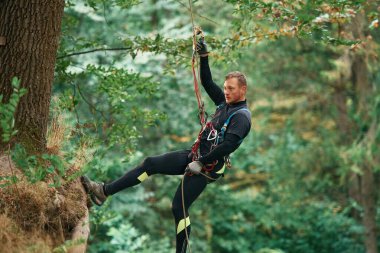 İpte asılıydı. İnsanlar ormana tırmanmak için güvenlik ekipmanları kullanıyorlar..