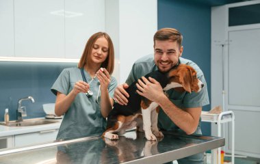 Şırıngayla aşı yapıyorum. İki doktorla veteriner kliniğinde köpek..