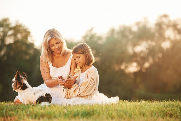 Positive emotions, on the green grass. Mother with her daughter and cute dog are on the field outdoors.