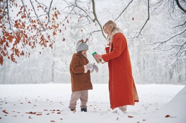 Sıcak çay koyuyorum. Anne ve kızı kış çayırlarında ve ormandalar..