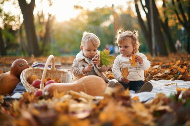 Ön manzara. Sonbahar yaprakları ve tereyağı ezmesinin üzerinde iki tatlı çocuk parkta oturuyor..