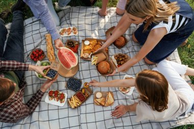 Taze ürünler, oturma. Bir grup arkadaş, ekolojik kutularda yiyeceklerle sahada piknik yapıyorlar..