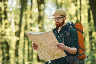Haritayı okumaya odaklanmış. Sakallı adam gündüz vakti ormandadır..