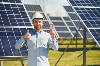 Gülümsüyor ve ampulü tutuyor. Gündüz vakti fotovoltaik güneş panelleri olan bir mühendis..