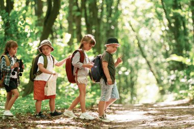 Yeni bir yer keşfetmek. Çocuklar yazın gündüz vakti ormanda..
