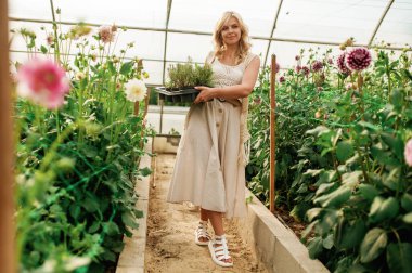 Plastik kaplarda yürüyen ve bir sürü bitki tutan. Güzel kadın serada..
