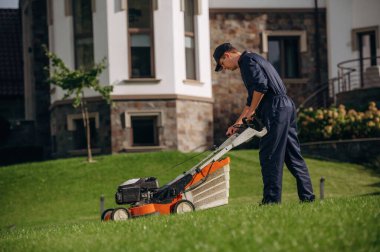 Yakıt yakıtlı çim biçme makinesi, çimleri biçme. Bahçede profesyonel bahçıvan var..
