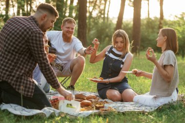 Yere yatın! Bir grup arkadaş, ekolojik kutularda yiyeceklerle sahada piknik yapıyorlar..