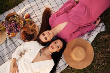 Üst manzara, uzanmak. Lezbiyen çift doğada piknik yapıyor..