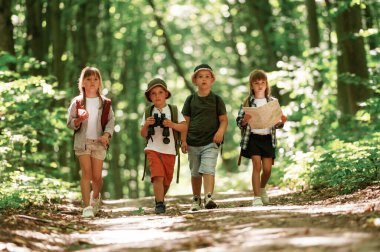 Yürüyüş kavramı. Çocuklar yazın gündüz vakti ormanda..